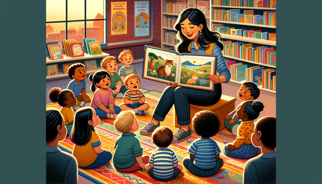 Toddlers at a story hour in a library with a librarian of Asian descent.