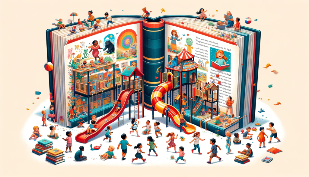 Toddlers playing in a book-themed playground with slides and swings resembling story elements