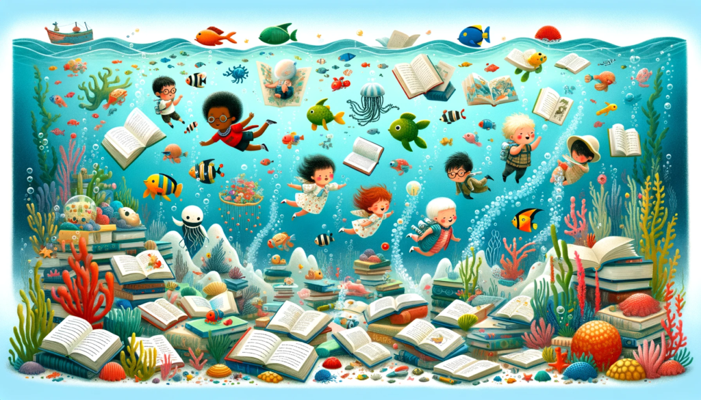 Toddlers dressed as explorers on an underwater reading adventure with sea creatures and storybooks