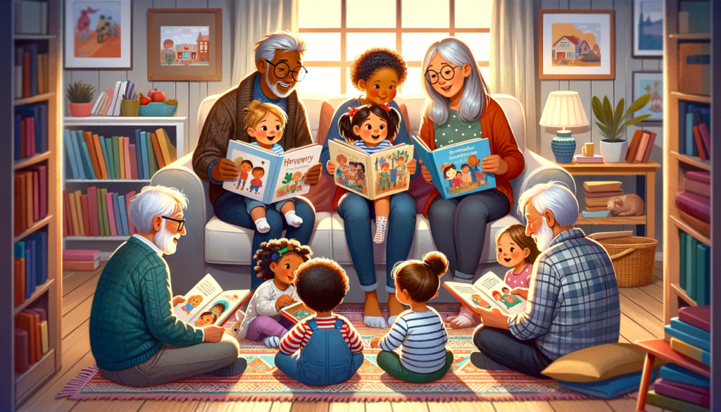 Toddlers with grandparents reading picture books, enjoying intergenerational storytime