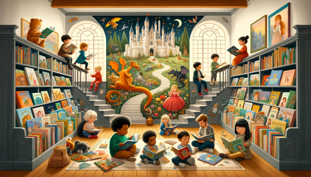 Toddlers in a fairytale-themed reading corner in a bookstore exploring picture books
