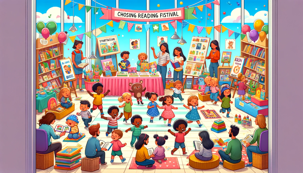 Diverse toddlers at an indoor reading festival with storytelling and book exploration activities