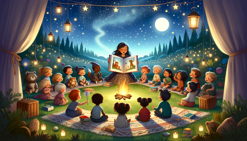 Toddlers gathered for a nighttime storytelling session under the stars around a campfire
