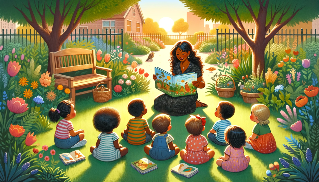 Toddlers enjoying an outdoor storytime in a community garden with a Hispanic librarian reading a children's book for the toddlers.