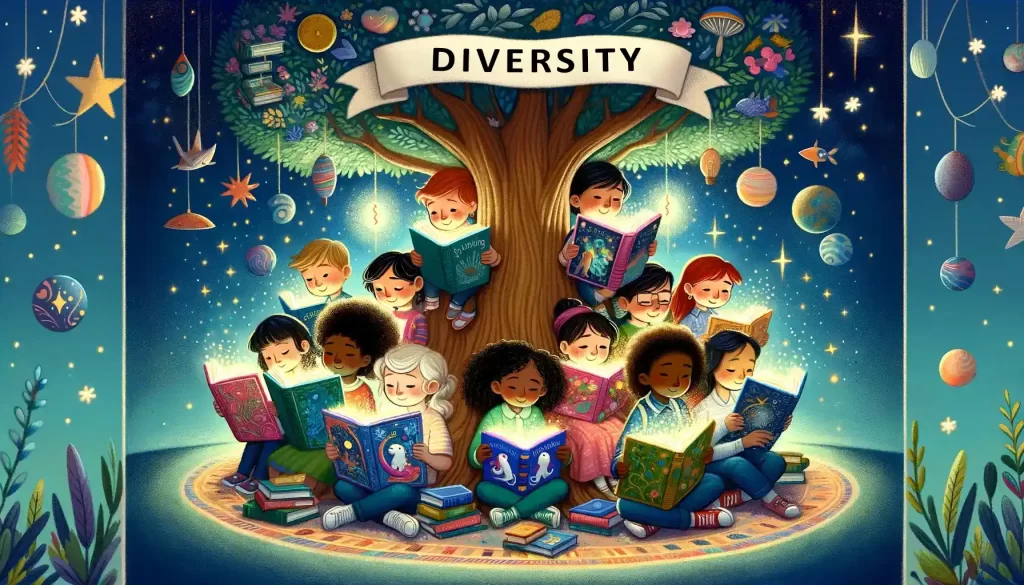 Group of kids reading books underneath a tree that says Diversity, different toys and colorful planets are hanging down from the tree.