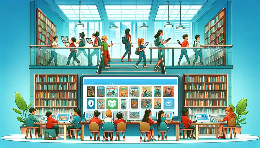 Modern library with children accessing graphic novels both physically and digitally