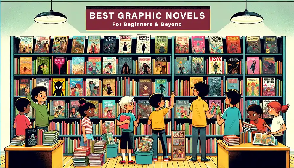 Young readers exploring graphic novels in a colorful library