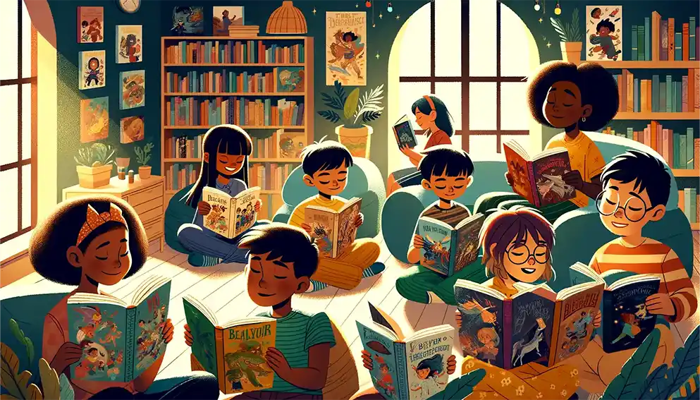 Children in a cozy nook, joyfully reading graphic novels