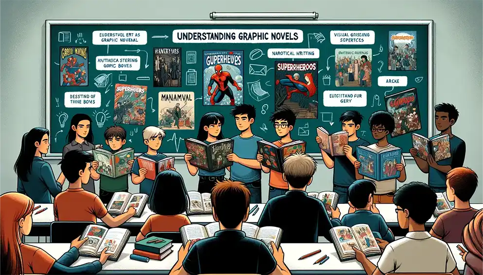 Students in a classroom discussing graphic novels of various genres