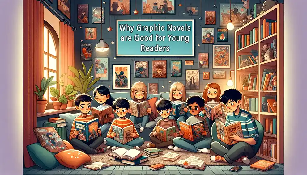 Children reading graphic novels in a cozy home corner