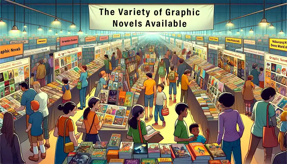A lively book fair with children and parents exploring a variety of graphic novels