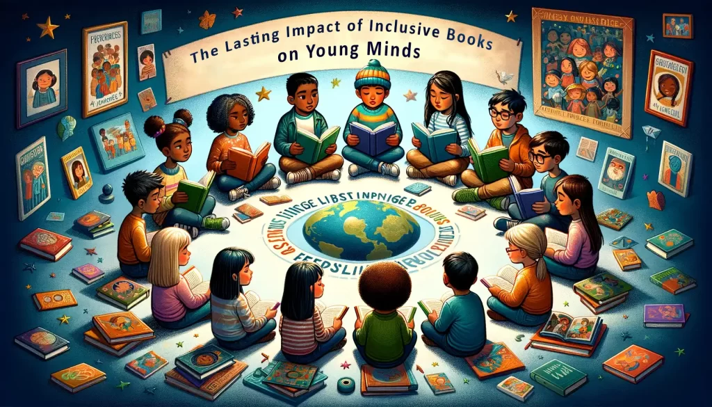 Children of various ethnicities engaging with inclusive books, fostering empathy and global awareness.