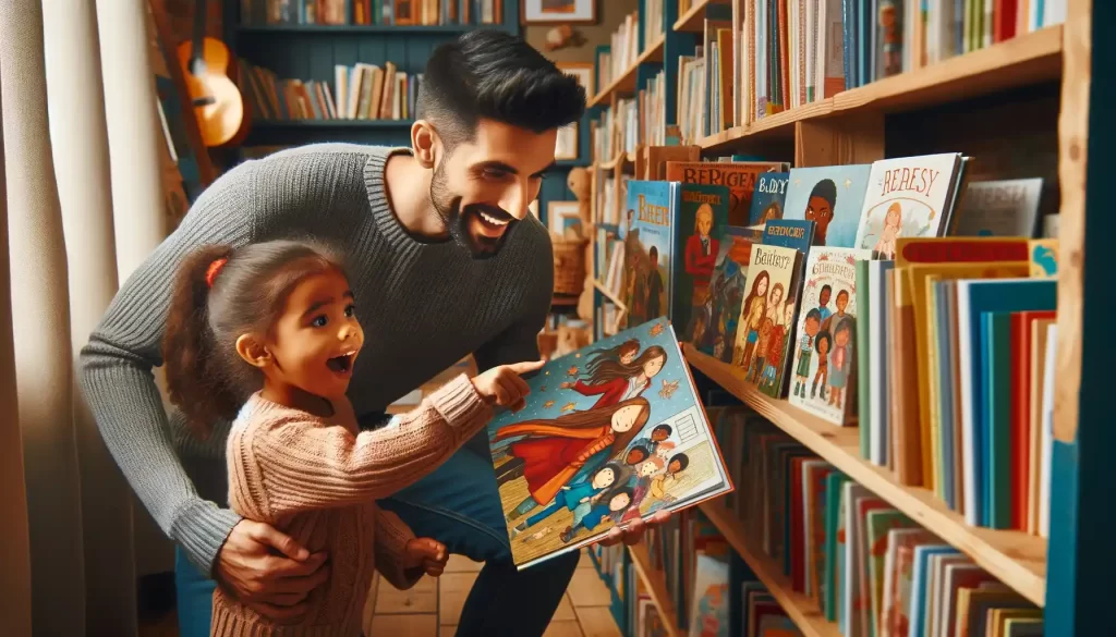 Parent and child selecting diverse books in a cozy home library.