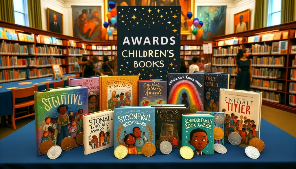 Award-winning inclusive children's books displayed with various accolades.