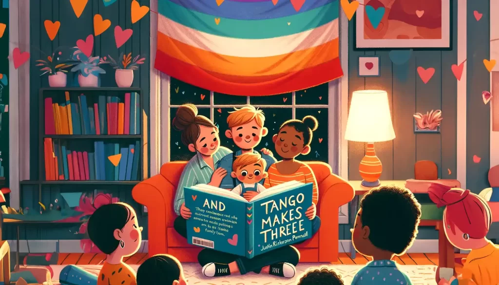 A child reads 'And Tango Makes Three' in a cozy living room with a rainbow flag, surrounded by children of varied ethnicities and family structures.