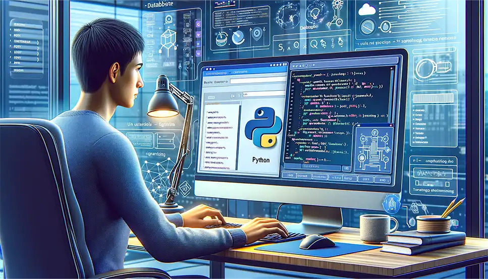 "A person in a tech office, integrating AI  (chatgpt 4) with external tools like Python coding and database searches, symbolized by a multi-screen setup.