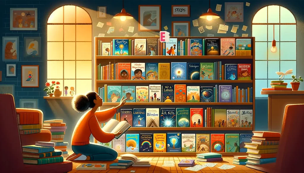 Person curating an inclusive children's book collection with diverse genres and cultures.