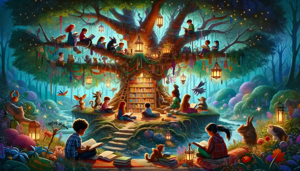 Children reading books in a fairy tale forest under a magical tree