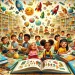 Diverse children reading a variety of educational books in a colorful classroom library setting, highlighting subjects like STEM, language arts, and cultural diversity.