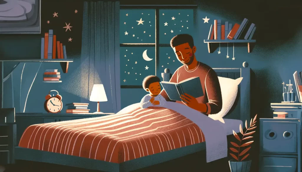 A father reading a book to his beautiful kid in the bed with the stars shining outside of the window in the sky.