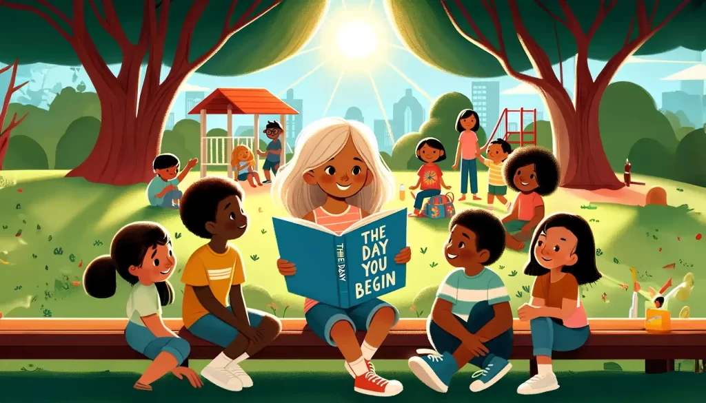 A child reads 'The Day You Begin' by Jacqueline Woodson in a park, surrounded by diverse friends.