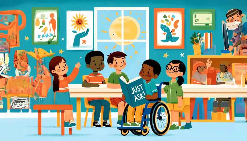 A child in a wheelchair reads a book titled 'Just Ask!' with other children in a colorful, diversity-themed classroom.