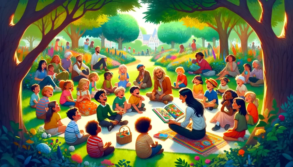 A female author reading a book to a group of people in a beautiful park and everybody feels included.