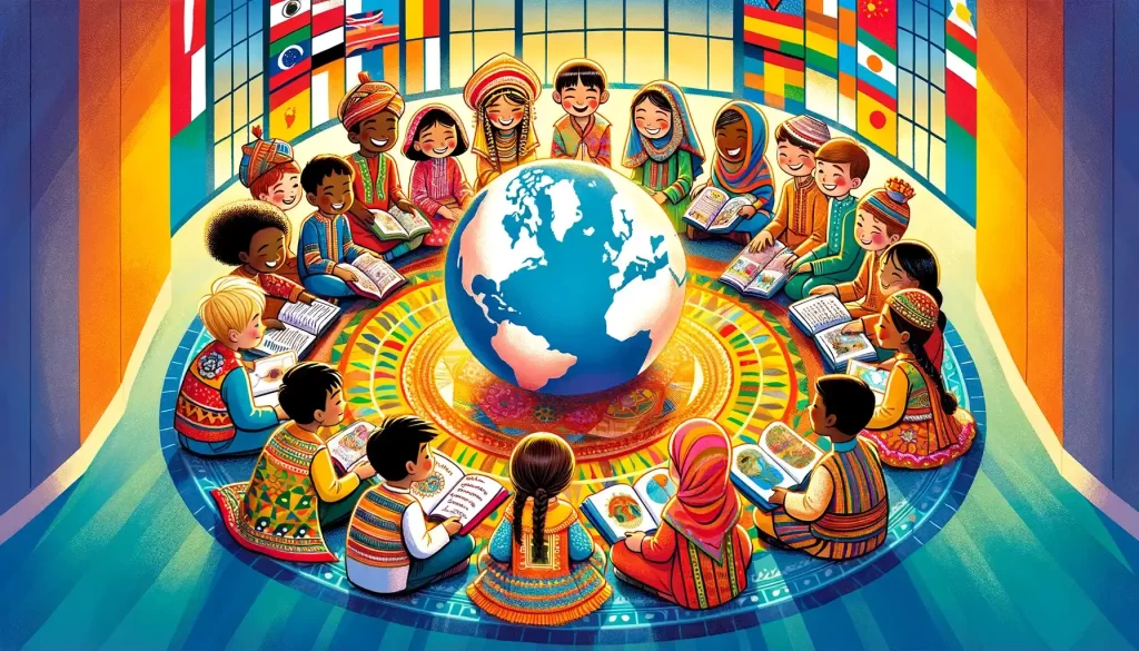 Children in traditional attire from various cultures, holding books, around a globe.