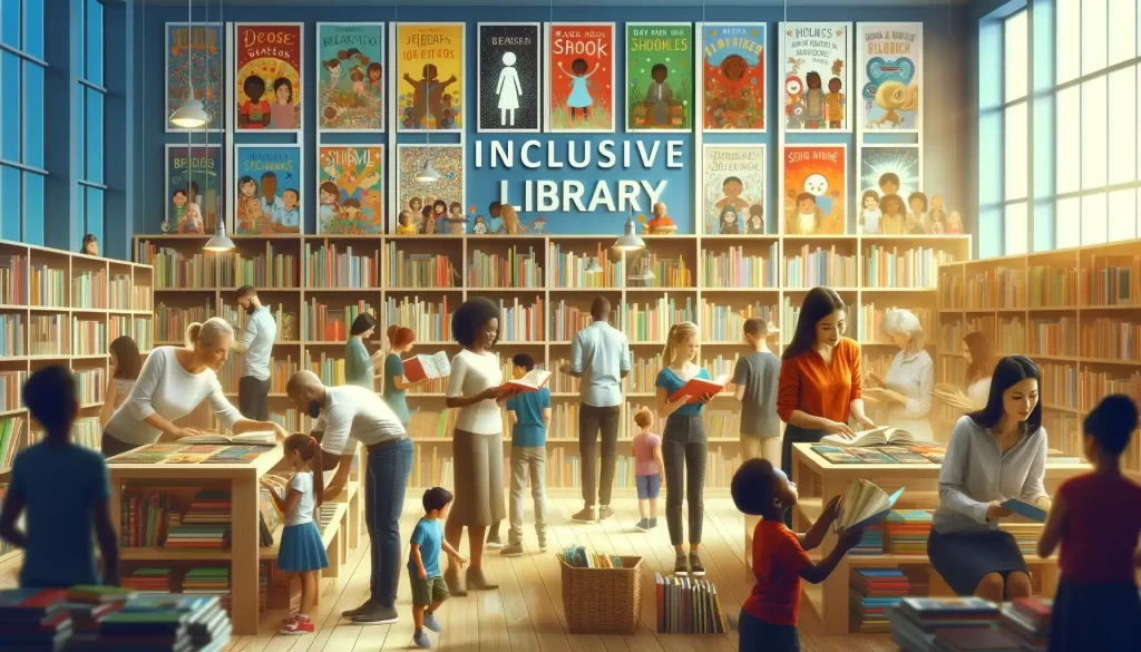 Diverse library setting with teachers, librarians, and children exploring inclusive books.