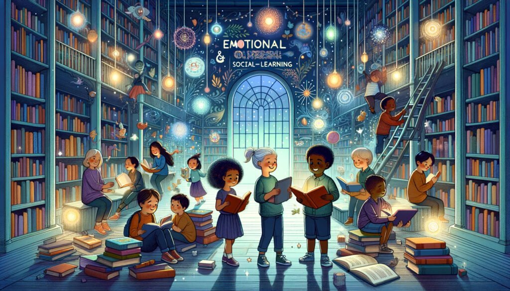Children of diverse backgrounds in a magical library exploring books on emotional and social learning