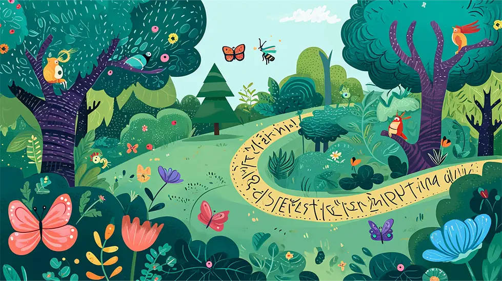 Fantasy poetry garden with nature and nursery rhyme characters, vibrant and imaginative.